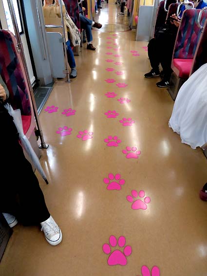 招き猫電車の床にも猫の足跡が